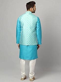 Uri and MacKenzie Men's Silk Blend Regular Kurta Churidar Pyjama with Bundi Nehru Jacket/Waistcoat