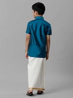 RAMRAJ COTTON Boys Silk Cotton Shirt With Adjustable Cream Dhoti Perfect For Ceremonies| Festivals| And Special Occasions