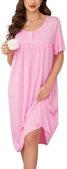 Vlazom Women's Nighties Button Front Long Nightdress Pleated Lace Nightgowns Luxury Soft Touch Nightgshirt with Pockets S-XXL
