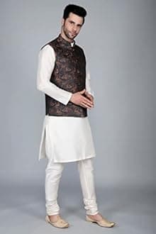 Ethluxis® Men's Silk Blend Kurta Churidar Pyjama with Ethnic Bundi Jacket Set