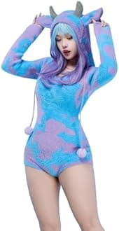 Mobbunny Women's Fuzzy Knit Sweater Pajamas Cute Cow Print Jumpsuit Fluffy Hooded Romper Bodysuit Onesies Pajamas Adult