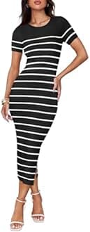 ZESICA Women's 2026 Summer Bodycon Midi Dress Striped Short Sleeve Ribbed Knit Slim Fit Side Slit Vacation Long Dresses