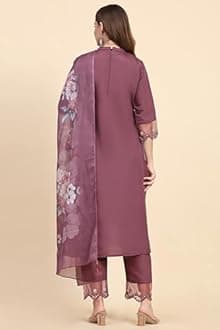 TRENDMALLS Women's Satin Silk Embroidery Salwar Suit Set Kurta Pant with Dupatta (G192-Purple-S), Small