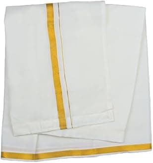 NITHILA CREATIONS Kerala Cotton Kasavu Mundu Dhoti for Boys, Offwhite with Golden Border, Sticky Tape Mundu (Offwhite)