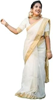 VJ Fashion Women Kasavu Cotton Plain White Saree With Blouse Piece_freesize