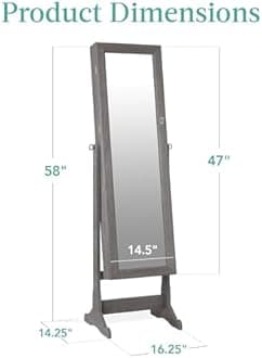 Best Choice Products Freestanding Jewelry Armoire Cabinet, Full Length Standing Mirror, Lockable Makeup Storage Organizer, w/Velvet Interior, 3 Tilt Angles, Accessory Pouch, 5 Shelves - Gray Oak