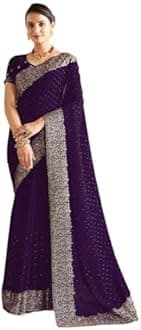 Satrani Women's Vichitra Silk Hot Fixing Embroidery Border Saree with Unstitched Blouse Piece