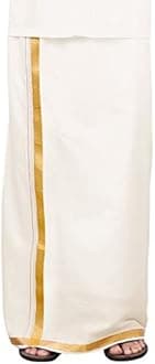 ™ Men's Cotton Dhoti with Elegant Kasavu Zari Border - 3.6 Mtrs/8 Mulam/Double Layer South Indian Veshti Mundu (30K Gold Zari, Cream)