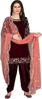 Delightful Velvet Ready To Wear Punjabi Patiala Suits Wedding Wear Designer Shalwar Kameez Dress (US, Numeric, 34, Regular, Regular, Red)