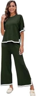 Women's Knit 2 Piece Lounge Set Casual Short Sleeve Pullover Tops and Wide Leg Pants Sets
