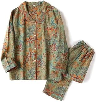 Vintage Leaf Cotton Lapel Loungewear Set,Colorful Floral Long Sleeve Trousers Cardigan,Women's Pajama Two Piece Set (L, B Green)