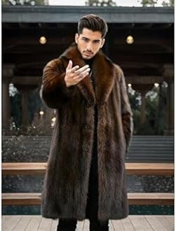 INVACHI Men's Faux Fur Coat Winter Long Faux Mink Coat Fluffy Thick Trench Coat for Men