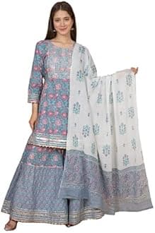MEERA FAB Women Cotton Festive Embrodriery Printed Kurta With Sharara & Dupatta