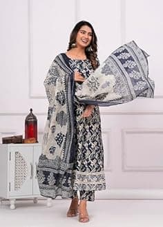MEERA FAB Women's Cotton Printed Anarkali Kurta with Palazzo & Dupatta Set with Dori