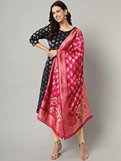 VredeVogel Women's Cotton Silk Blend Straight Kurta With Dupatta with Banarasi Silk Dupatta