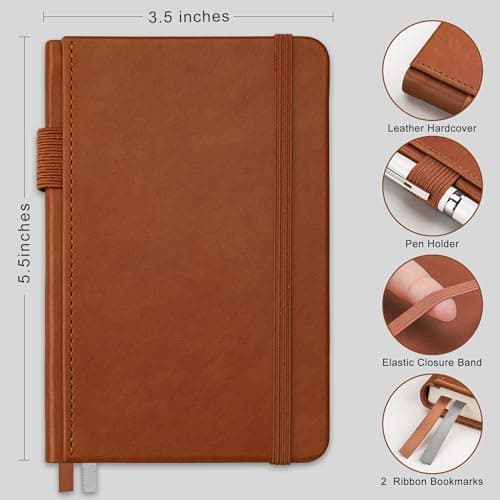 RETTACY Pocket Journal Notebook, 2-Pack, 160 Numbered Lined Pages per Pack, A6 Mini Small Size (3.5" × 5.5"), for Work, Journaling, Leather Hardcover, 100 GSM Thick Paper (Black & Brown)