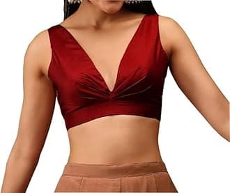 Readymade Indian Bollywood Satin Silk Saree Blouse Women's Solid Plain Top Sleeveless, V-Neckline Sari Choli