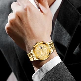 senstone Moon Phase Watch for Men Chronograph Dial Analog Quartz Wristwatch Luxury Diamond Business Dress Watch with Luminous Waterproof Calendar Stainless Steel Strap