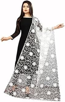 AKSHAR LLC DESIGNER Women's Naylon Net Fancy Embroidered Dupatta For Women & Girls. (White-2)