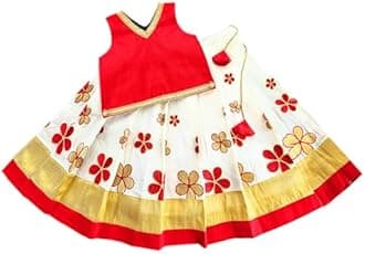 Stanwells kids Red & Gold Baby girls Traditional Ethnic Kerala Kasavu Style Banarasi Silk Lehenga Choli Set