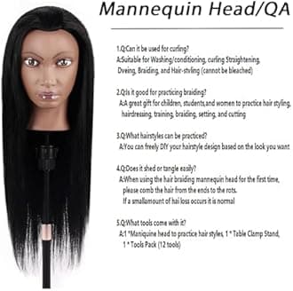 100% Real Hair Mannequin Head,TopDirect 26''Black Hairdresser Cosmetology Doll Head Styling,Manikin Heads Hairs Braiding DIY Styling with Clamp Holder and Tools Set