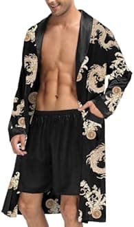 SWOMOG Men's Satin Robe with Shorts Set Silky Kimono Bathrobe Lightweight Soft Sleepwear