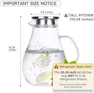 Glass Pitcher, Glass Water Pitcher with Tight Stainless Steel Lid, 108oz/3.2L, Heat Resistant Borosilicate Glass Carafe, Long Handle Cleaning Brush and Mixing Spoon, Temperature Safe