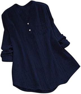 Cocila Women Cotton Linen Casual Solid Long Sleeve Shirt V Neck Blouse Button Down Tops with Pocket (L, A-Pink)