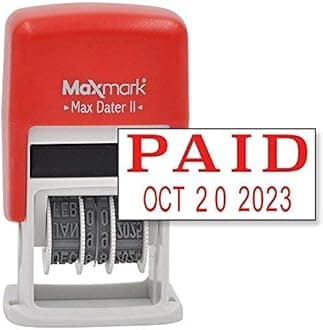 MaxMark Self-Inking Rubber Date Office Stamp with Paid Phrase & Date - RED Ink (Max Dater II), 12-Year Band