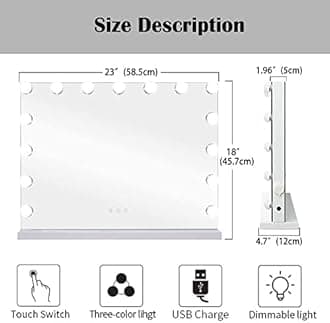 FenHome 22.8"x 18.1" Vanity Mirror Makeup Mirror with Lights,10X Large Hollywood Lighted Vanity Mirror with 15 Dimmable LED Bulbs,3 Color Modes,Touch Control for Bedroom,Tabletop or Wall-Mounted