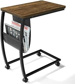 SRIWATANA Side Table, C Shaped End Table with Storage Pocket and Rolling Wheels for Laptop Coffee Snack, Light Walnut