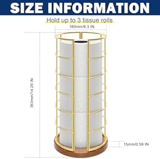 NearMoon Toilet Paper Organizer Stand, Freestanding 3 Rolls Tissue Storage, Metal Bathroom Accessory, Rustproof Toilet Roll Holder for Kitchen Countertop Inside Cabinet Shelf(Wooden Base, Gold)