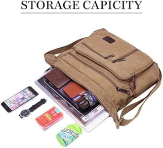 MOMISY Canvas Sling Cross Body Bag Travel Side Bag Office Messenger Bag Business Bag Multi Pocket Shoulder Bag Money Bag for Adults, Men and Women