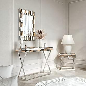 CARME Knightsbridge Collection - Wall Mirror - Mirrored Console Table - Mirrored Side Table With Drawer Combo Glass Furniture (Set 3 Rectangle Mirror + Console & Side Table Gold)