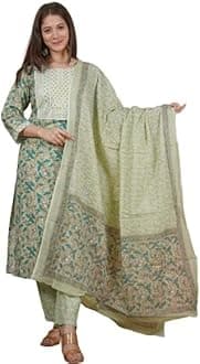 MEERA FAB Women's Cotton Printed Printed Straight Embroidery Kurta with Palazzo & Dupatta Set
