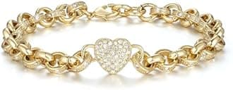 THE BLING KING Womens Crystal Gold Plated Single Heart Charm Belcher Bracelet | 9ct Gold Plated Waterproof Design Fashion Bracelet for Women