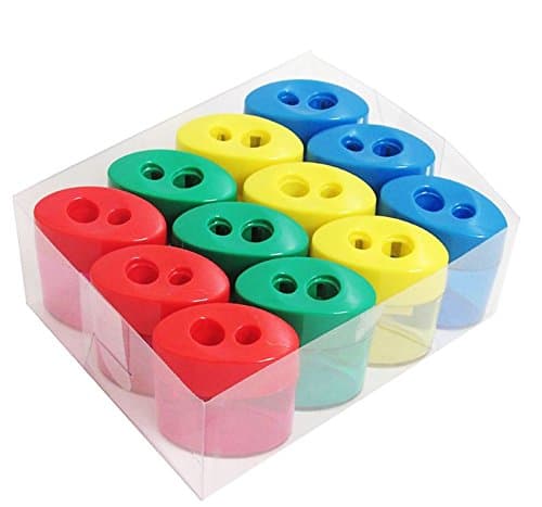 Mega Pack Of 12 Double Hole Oval Shaped Pencil Sharpener With Cover And Receptacle - Comes In 4 Colors! By Mega Stationers