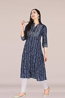 KANNAHI Women Pure Cotton Ethnic Motif Print A-line Straight Kurta Jaipuri Sanganeri Printed 3/4 Sleeve Kurti for Casual Party & Festival Wear for Girls & Womens