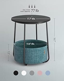 VASAGLE Small Round Side End Table, Modern Nightstand with Fabric Basket, Black with Wood Grain, Dark Turquoise