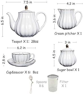 Pukka Home Porcelain Tea Set, British Royal Series - 8 OZ Cups & Saucer Service for 6, with Teapot, Sugar Bowl, Cream Pitcher, Teaspoons and Tea Strainer, Pure White