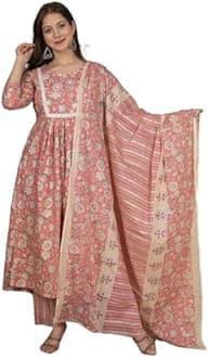 Meera Fab Women's Cotton Printed Anarkali Kurta With Palazzo & Dupatta Set With Handwork