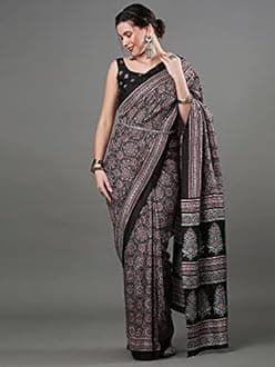 SAREE MALL Women's Ajrak Block Print Dola Silk Saree With Unstitched Blouse Piece