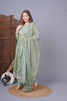 MEERA FAB Women's Cotton Printed Anarkali Kurta With Palazzo & Dupatta Set With Handwork