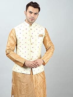 Ethluxis® Men's Silk Blend Kurta Churidar Pyjama with Ethnic Bundi Jacket Set