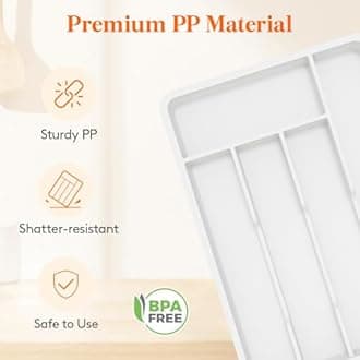 Lifewit Cutlery Drawer Organiser, Plastic Cutlery Tray for Kitchen, Utensil Flatware Silverware Holder Divider for Spoons Forks Knives Tableware, 5 Compartments, 24 x 34cm, White