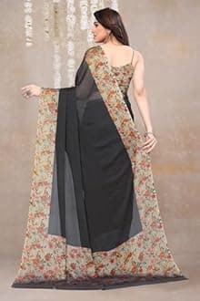 MIRCHI FASHION Women's Chiffon Ajrakh Border Pallu Pririnted Solid Saree with Blouse Piece