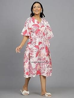 Ravaiyaa Women Printed Cotton V-Neck Knee Length Kaftan Dress Nighty