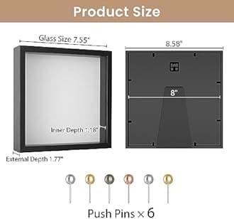 Califortree 8x8 Shadow Box Frame with Soft Linen Back - Push Pins Included, Memory Box Display Case for Flower, Tickets and 3D Items, Black