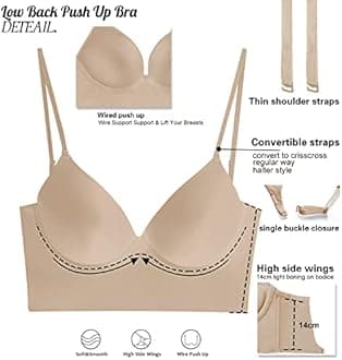 ForBaysy Low Back Bras for Women Push Up Deep V Neck Backless Bra,Low Cut Multiway Convertible Bra Wire Lifting Bralette