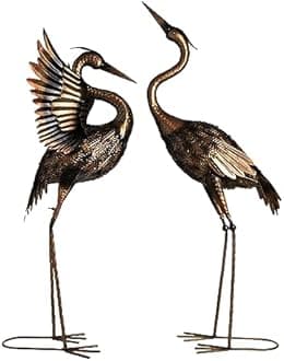 TERESA'S COLLECTIONS Garden Decor, Set of 2 Brass Herons Garden Decor, 25-26", Waterproof Metal Garden Statue, Herons Gifts, Garden Gifts for Women Mom, Indoor/Outdoor